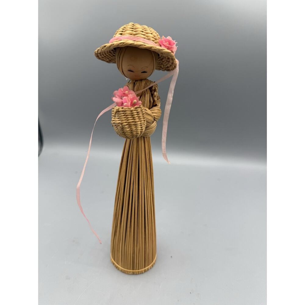 Vintage Straw Wicker Girl Figurine Basket Flowers Hat Handmade 10”